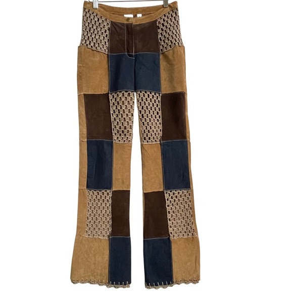 Wilsons Leather Suede Patchwork Pants Size 4 Boho Crochet Denim Flare Festival - Picture 1 of 14